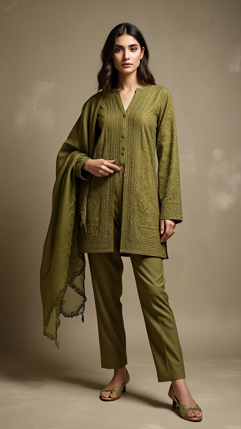 Olive Green Embroidered Co-Ord Set - 3 Piece | New Arrivals