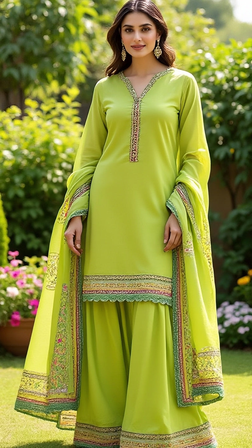 Lime Green Embroidered Lawn Suit-3PC Unstitched