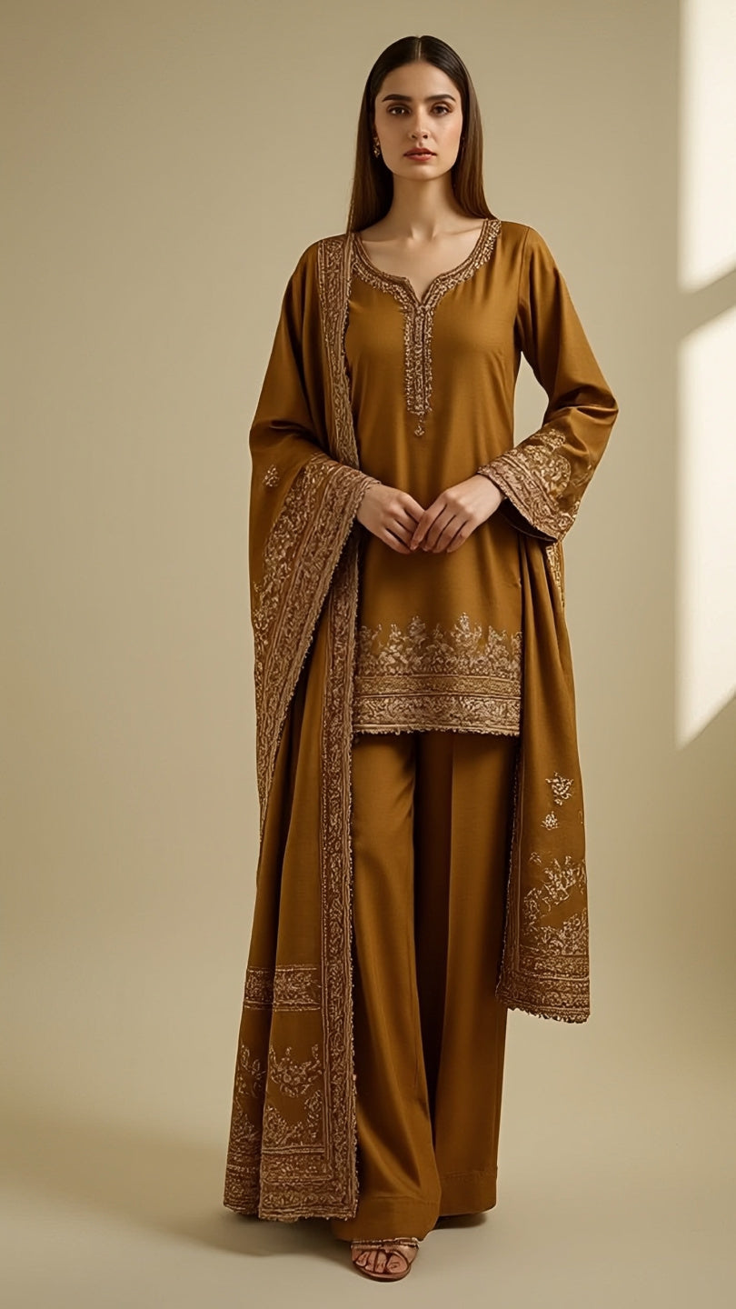 Mustard Brown Embroidered 3-Piece Lawn Suit | Eid Collection 2026