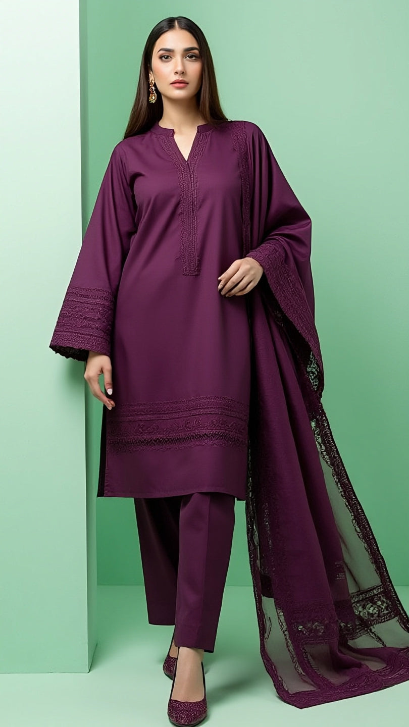 Plum Purple Embroidered 3-Piece Lawn Suit |  New Arrivals