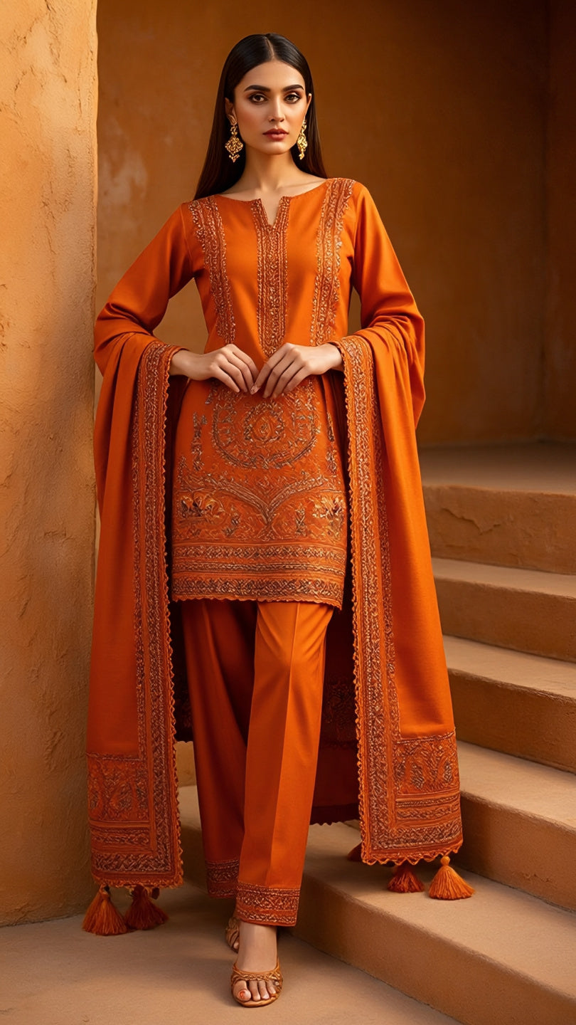 Rust Orange Embroidered 3-Piece Lawn Suit | Eid Collection 2026