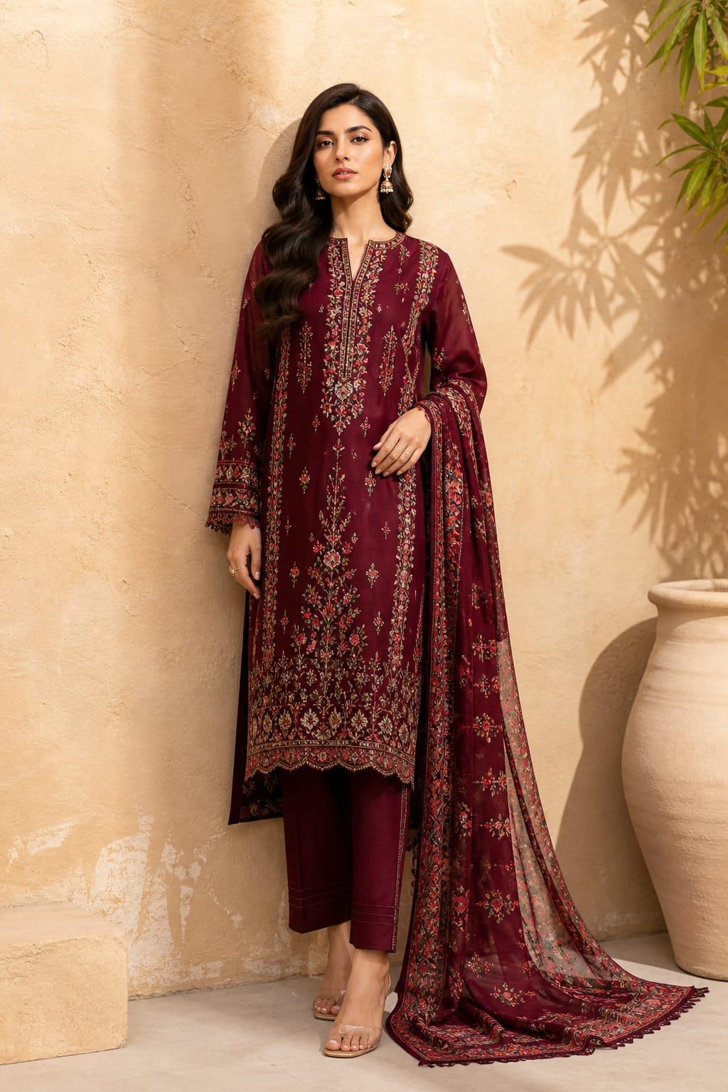 Maroon Embroidered 3-Piece Suit | Eid Collection 2026