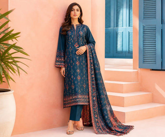 Teal Blue Embroidered Lawn 3-Piece Suit | Eid Luxe 2026