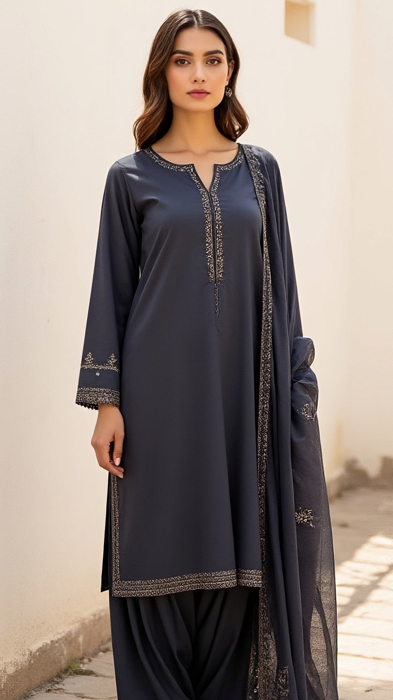 Charcoal Grey Embroidered 3-Piece Lawn Suit | Summer Lawn 2026