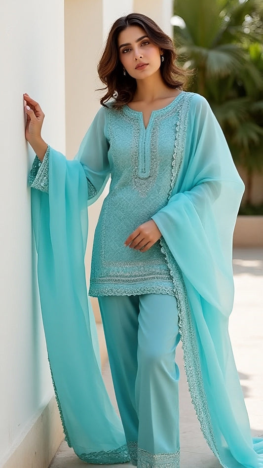 Aqua Blue Embroidered Lawn Suit