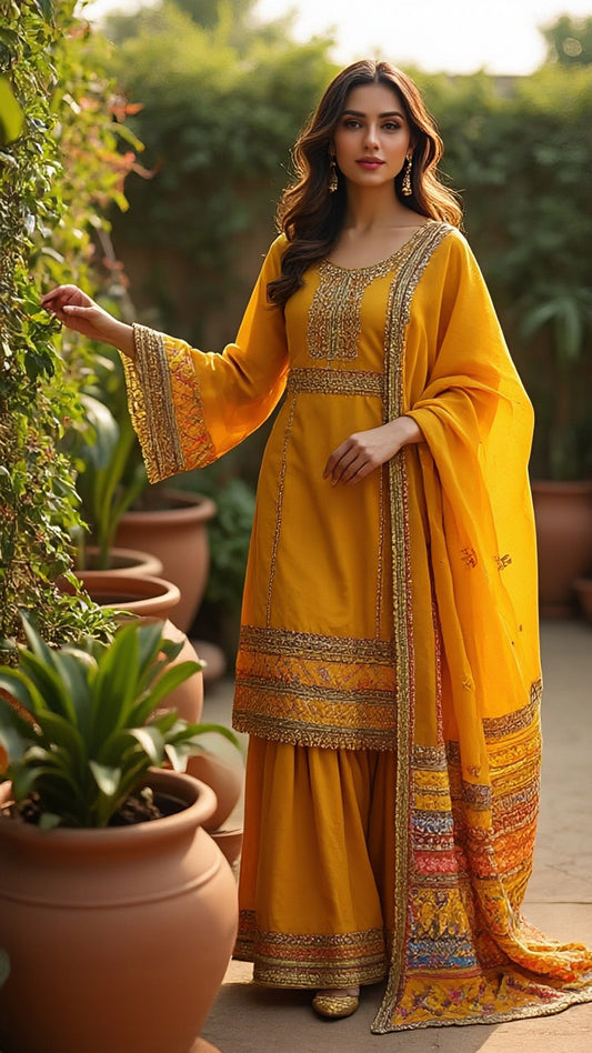 Mustard Yellow Embroidered 3-Piece Lawn Suit | Wedding