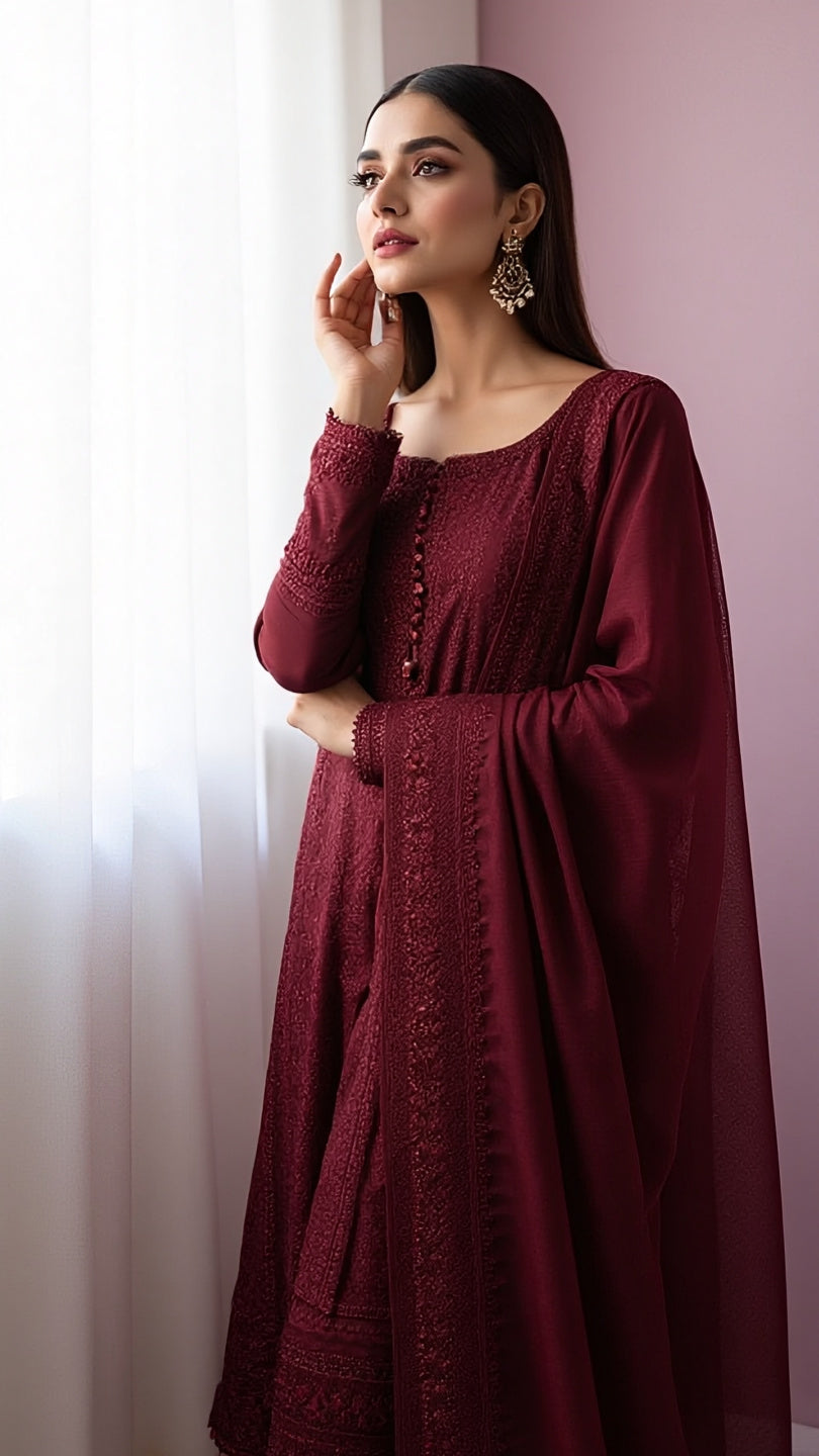 Maroon Majesty Embroidered Lawn Suit-3PC Unstitched