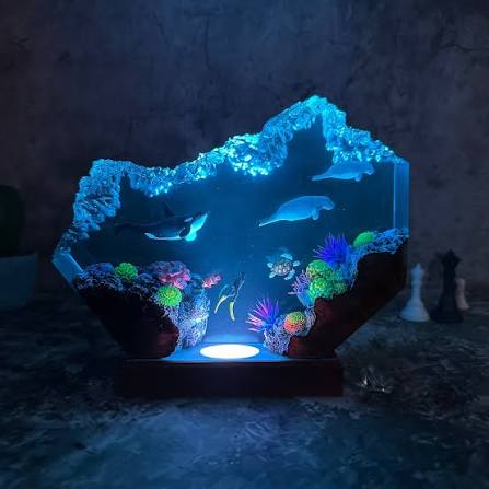 Galaxy Blue Resin Lamp with wooden base